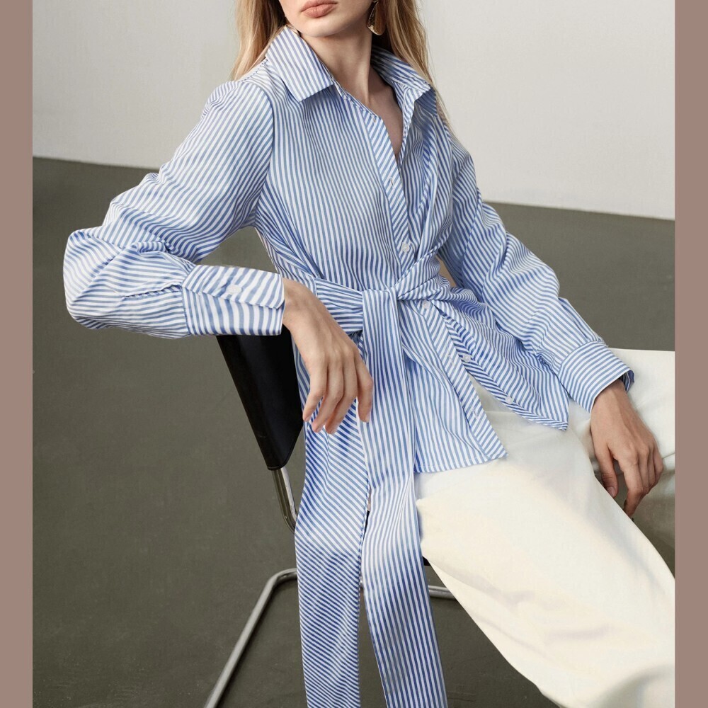 Blue White Striped Collared Tie Front Long Sleeve Button Up Shirt
